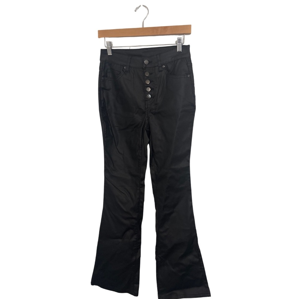 Black Faux Leather Flared Button-Up Pants